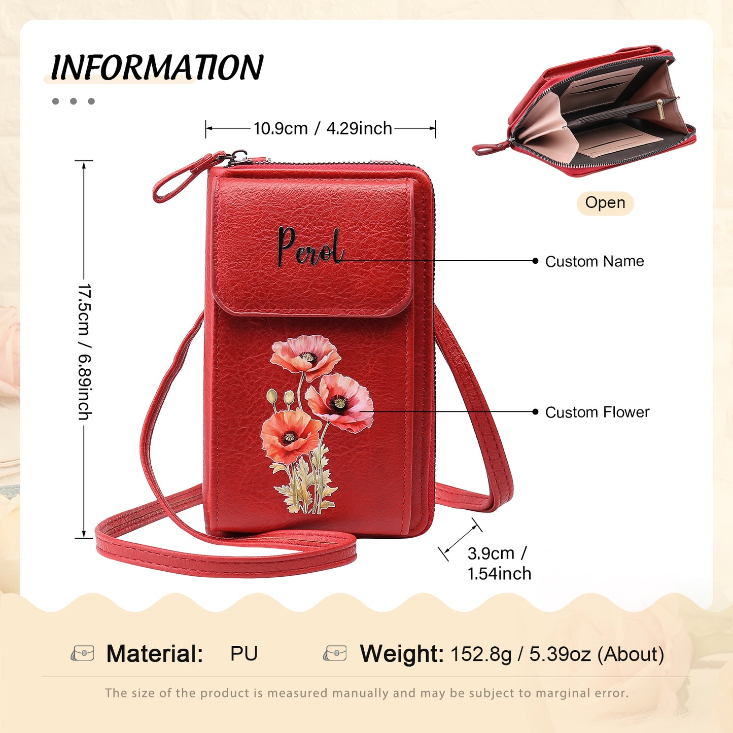 Birth flower cross bag wallet for UK women, personalised accessory