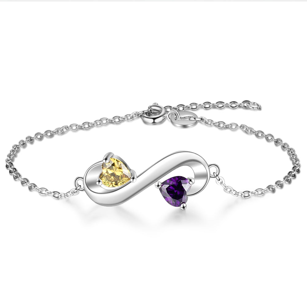 Elegant personalised infinity bracelet with custom names and birthstones, perfect for gifts