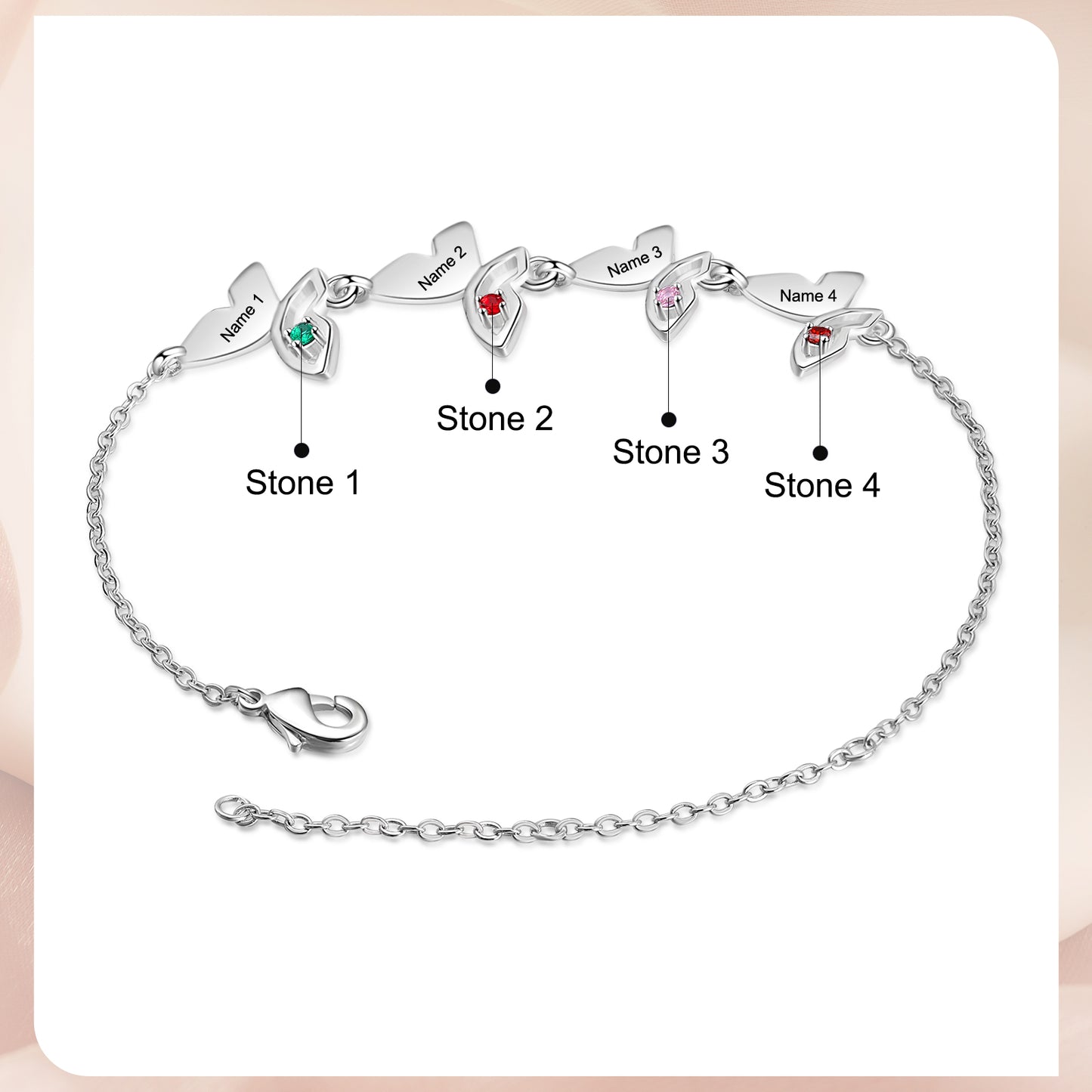 Meaningful butterflies bracelet with engraved names and birthstones, unique gift for her