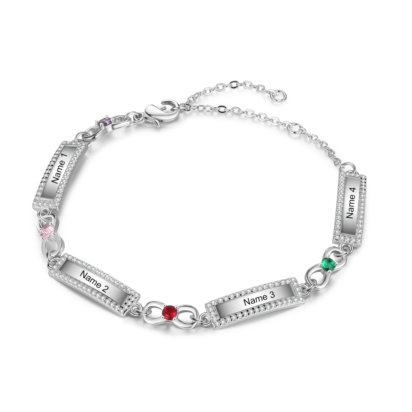 Meaningful infinity bracelet with engraved nameplates and birthstones, personalised gift