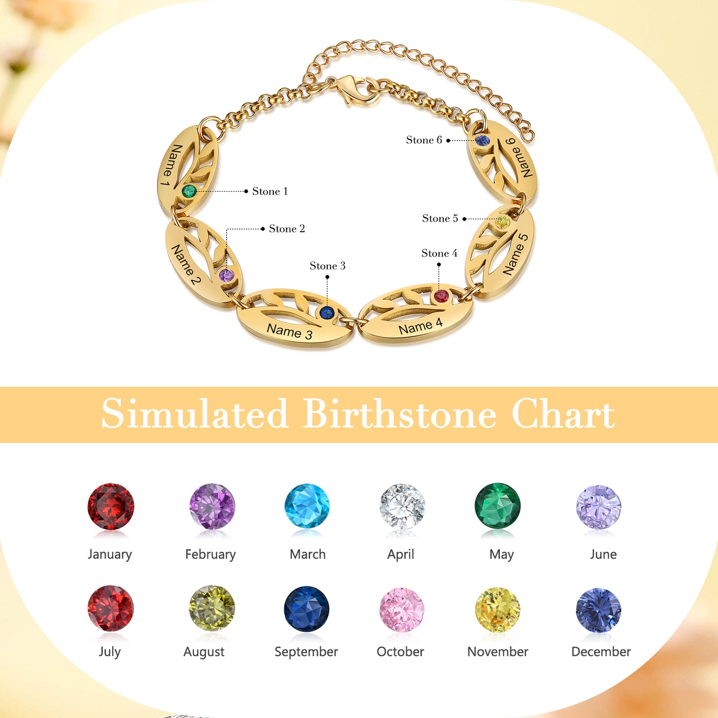 Personalised Birthstone Leaf Bracelet - Custom Gold Plated Name Engraving