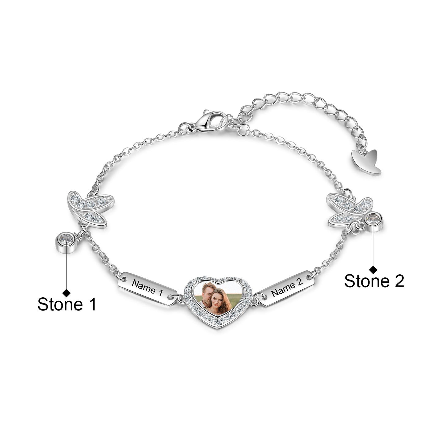Personalised Photo Bracelet, Customised Bracelet with Engraved Names and Birthstones