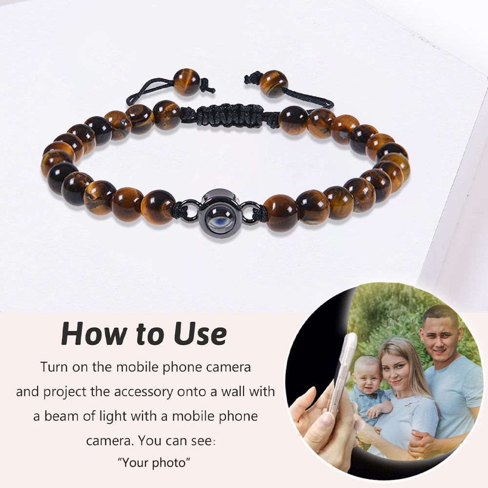 Personalised Tigers Eye Beaded Bracelet With Projection Photo , Projection Beaded Bracelet For Men