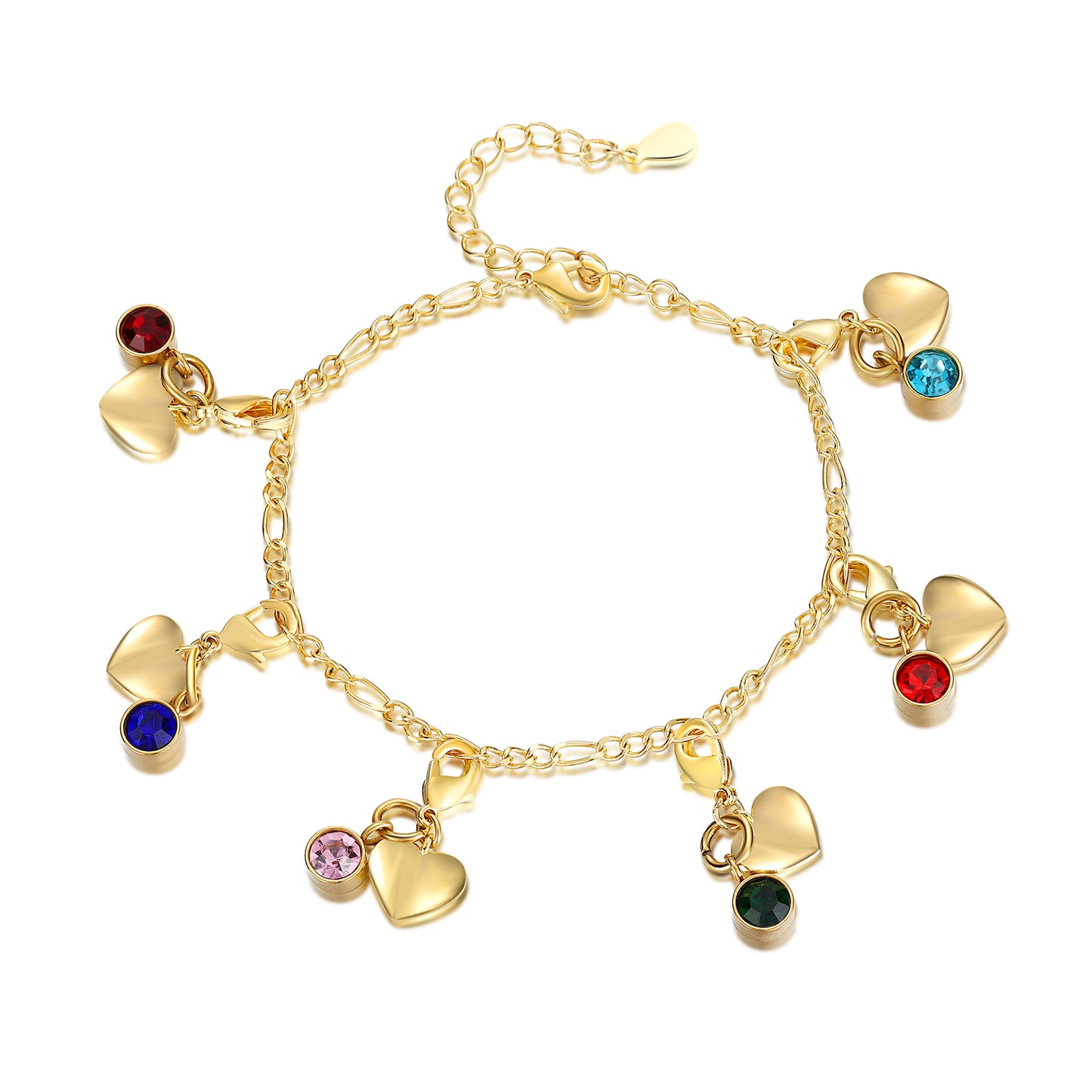 Personalised gold bracelet with engraved heart charms and custom birthstones for women"