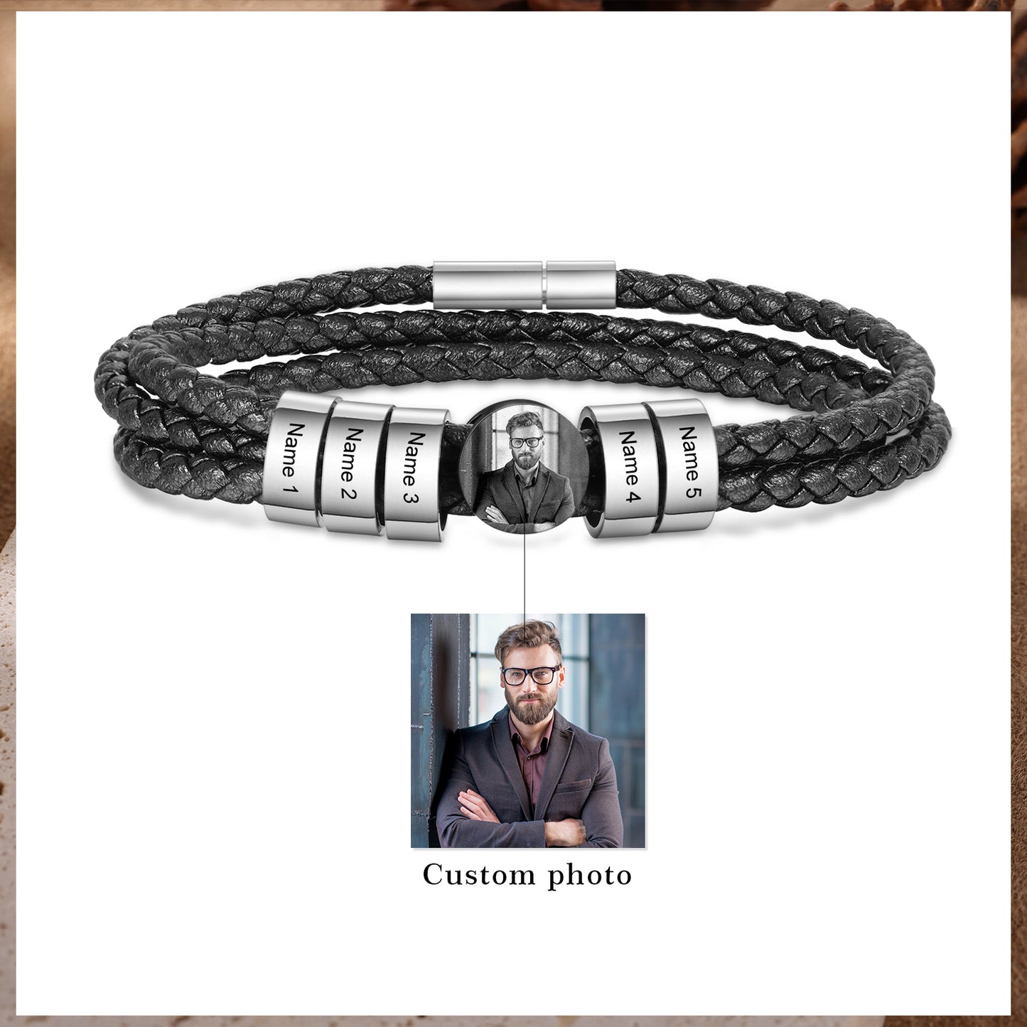 Personalised Photo Leather Bracelet For Men with Engraved Charms | Bespoke Leather Bracelet For Men With Photo | Customised Gift for Dad | Father's Day Gift Idea