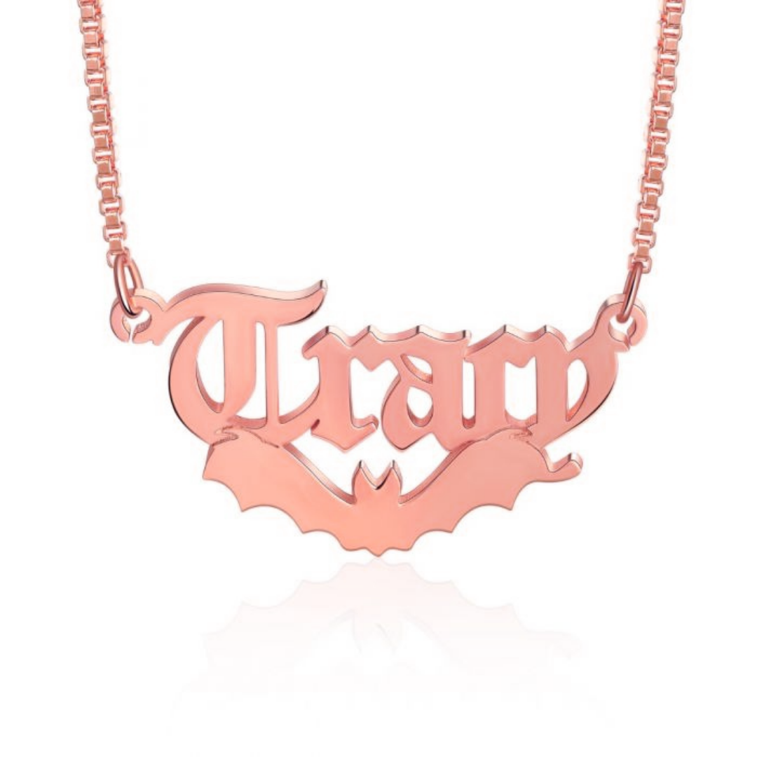 Personalised Halloween Name Necklace | Bespoke Name Necklace With Bat | Customised Halloween Gift