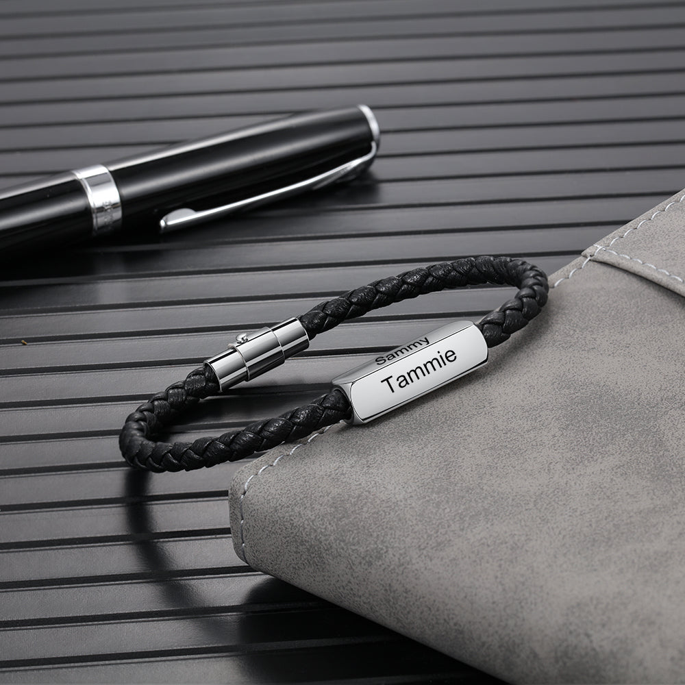 Personalised Nameplate Bracelets For Men | 4 Sided Engraved Men's Leather Bracelets | Personalised Leather Bracelets For Him | Braided Leather Bracelet For Men Personalised Gift For Him | Personalised Gift For Men | Personalised Gift For Dad | Personalised Gift For Boyfriend Fathers Day Gift Ideas | Anniversary Gift For Him