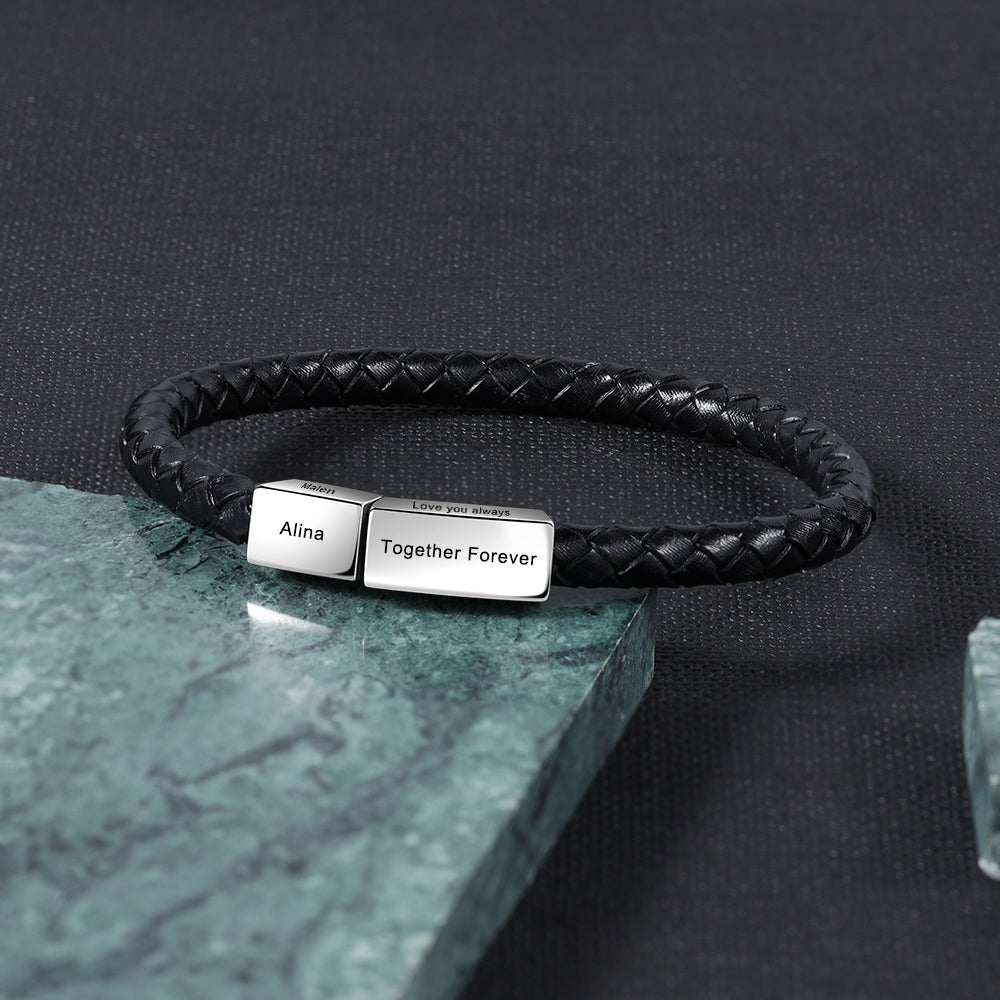 Personalised Nameplate Bracelets For Men | 4 Sided Engraved Men's Leather Bracelets | Personalised Leather Bracelets For Him | Braided Leather Bracelet For Men Personalised Gift For Him | Personalised Gift For Men | Personalised Gift For Dad | Personalised Gift For Boyfriend Fathers Day Gift Ideas | Anniversary Gift For Him