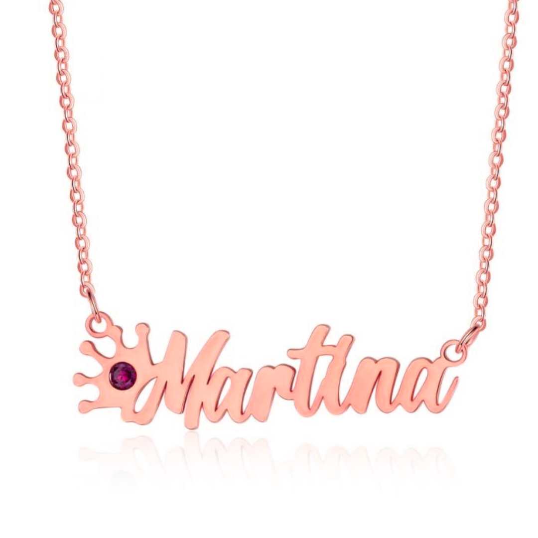 Personalised Name Necklace | Bespoke Name Necklace With Crown & Birthstone