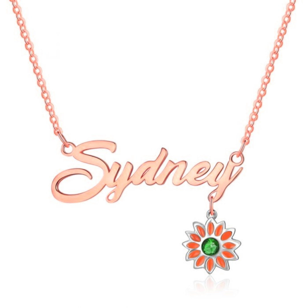 Personalised Sunflower Birthstone Name Necklace | Customised Name Necklace With Sunflower & Birthstone