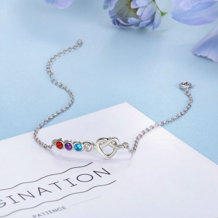 Personalised Birthstone Bracelet For Her | Customised Bracelet With Birthstones | Heart knot Bracelet
