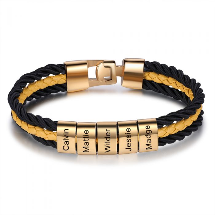Cusstomised Leather Bracelet For Men With Up To 5 Engraved Beads