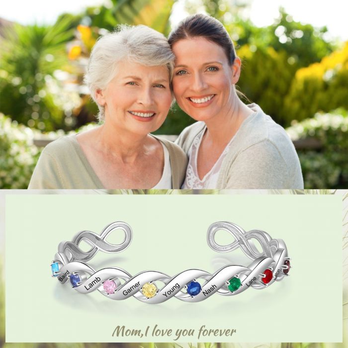 Customised Bracelet For Her | Personalised Birthstone Bangle With Engraved Names | Bespoke Gift For Mum