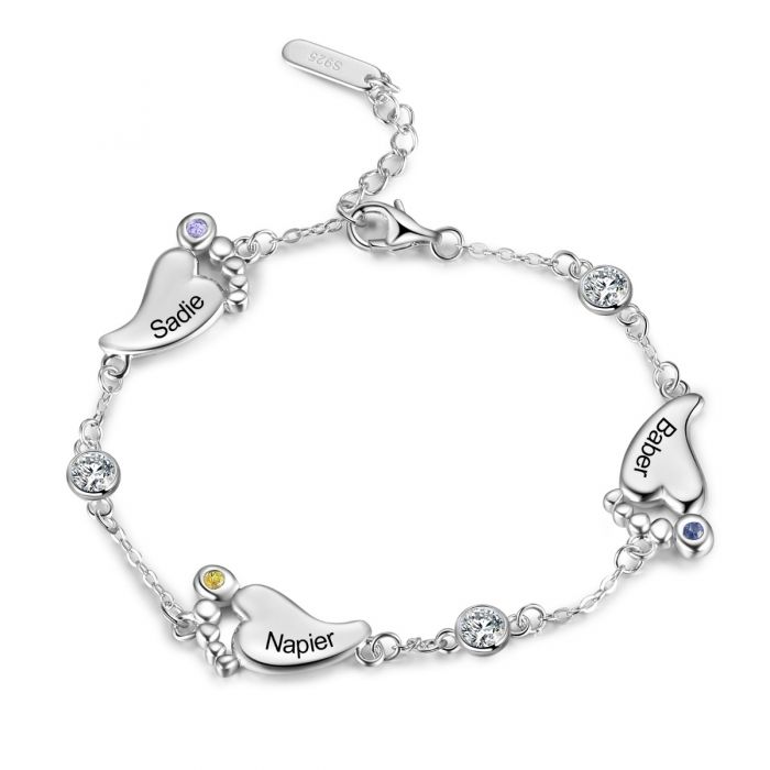 Personalised Sterling Silver Baby Foot Bracelet For Her| Customised Up To 3 Baby Foot Bracelet With Engraved Name And Birthstone
