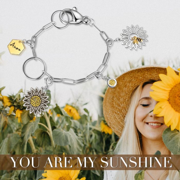Personalised Sunflower And Bee Charm Bracelet With Name Engraved And Birthstone | Personalised Gift For Her