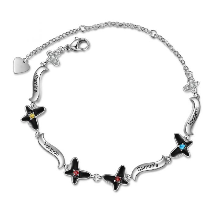 Customised Butterfly Bracelet For Her | Bespoke Bracelet For Women With Up To 5 Names Engraved And Birthstones