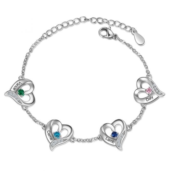 Personalised Bracelet For Mum | Customised Engraved Names Up To 5 Hearts Bracelet With Birthstones