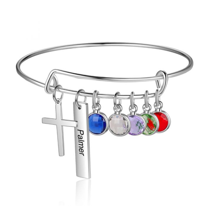 Personalised Cross Bracelet For Her With Birthstones And Engraved Nameplate | Customised BRacelet For Her