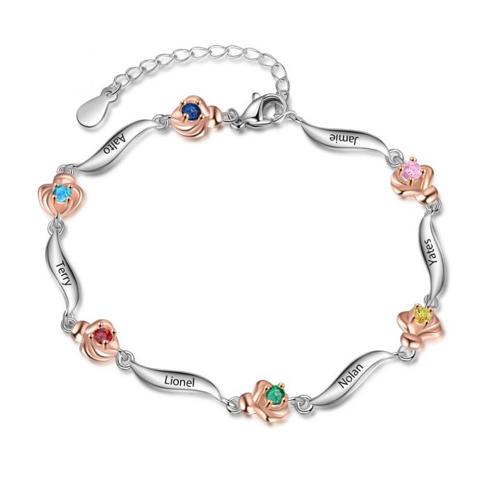 Customised Bracelet For Her | Bespoke Rose Birthstone Bracelet For Women With Engraved Name