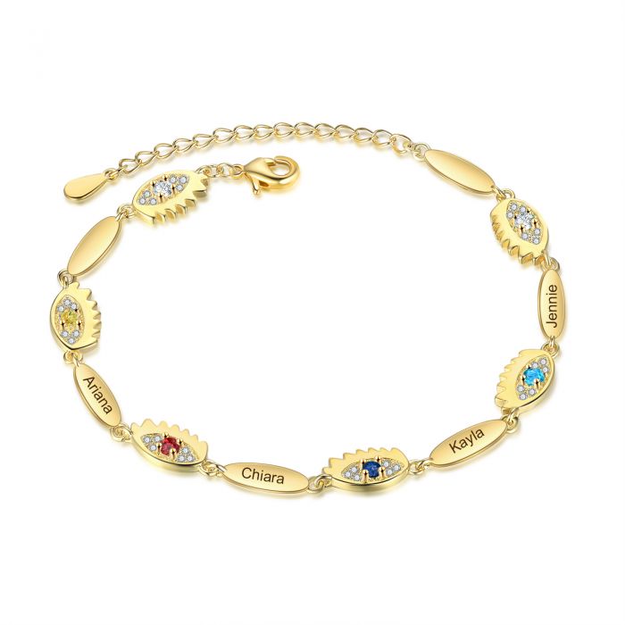 Personalised Birthstone Evil Eye Bracelet With Engraved Names | Bespoke Bracelet For Her