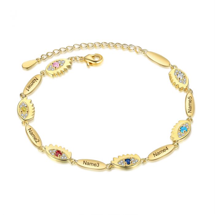 Personalised Birthstone Evil Eye Bracelet With Engraved Names | Bespoke Bracelet For Her