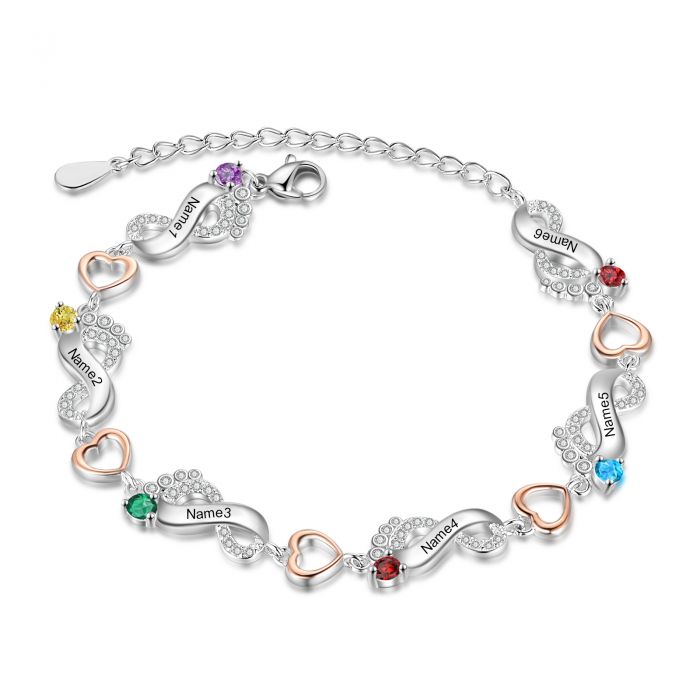 Personalised Feet Bracelet For Her With Names Engraved And Birthstones | Customised Bracelet For Mum