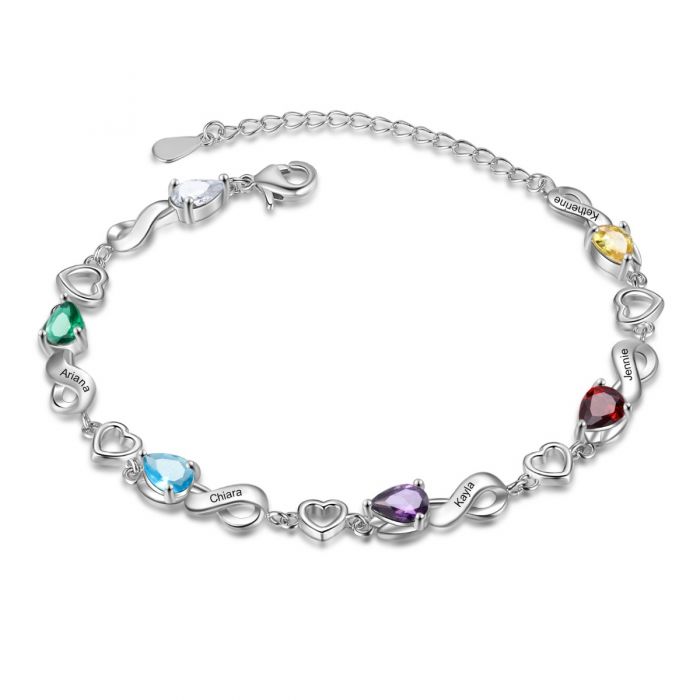 Personalised Hearts Bracelet For Hear With Engraved Names And Birthstones | Customised Bracelet For Mum