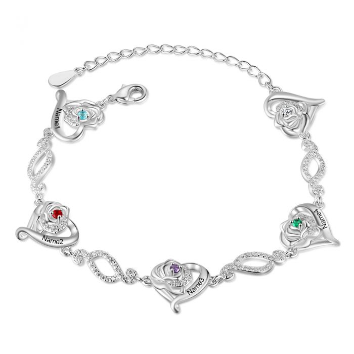 Personalised Bracelet For Her | Bespoke Birthstone Bracelet With Engraved Names | Customised Bracelet For Mum