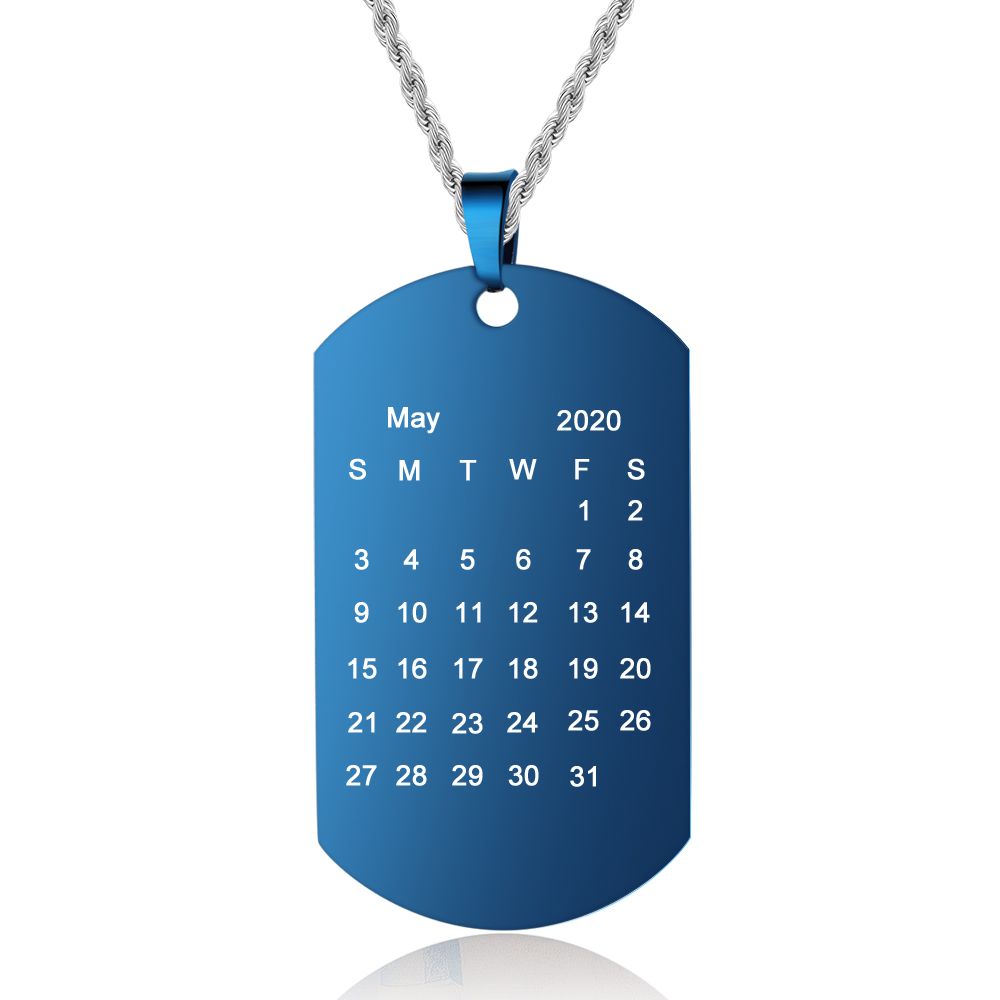 Personalised Blue Dog Tag Necklace For Men With Calendar | Customised Photo Necklaces For Men