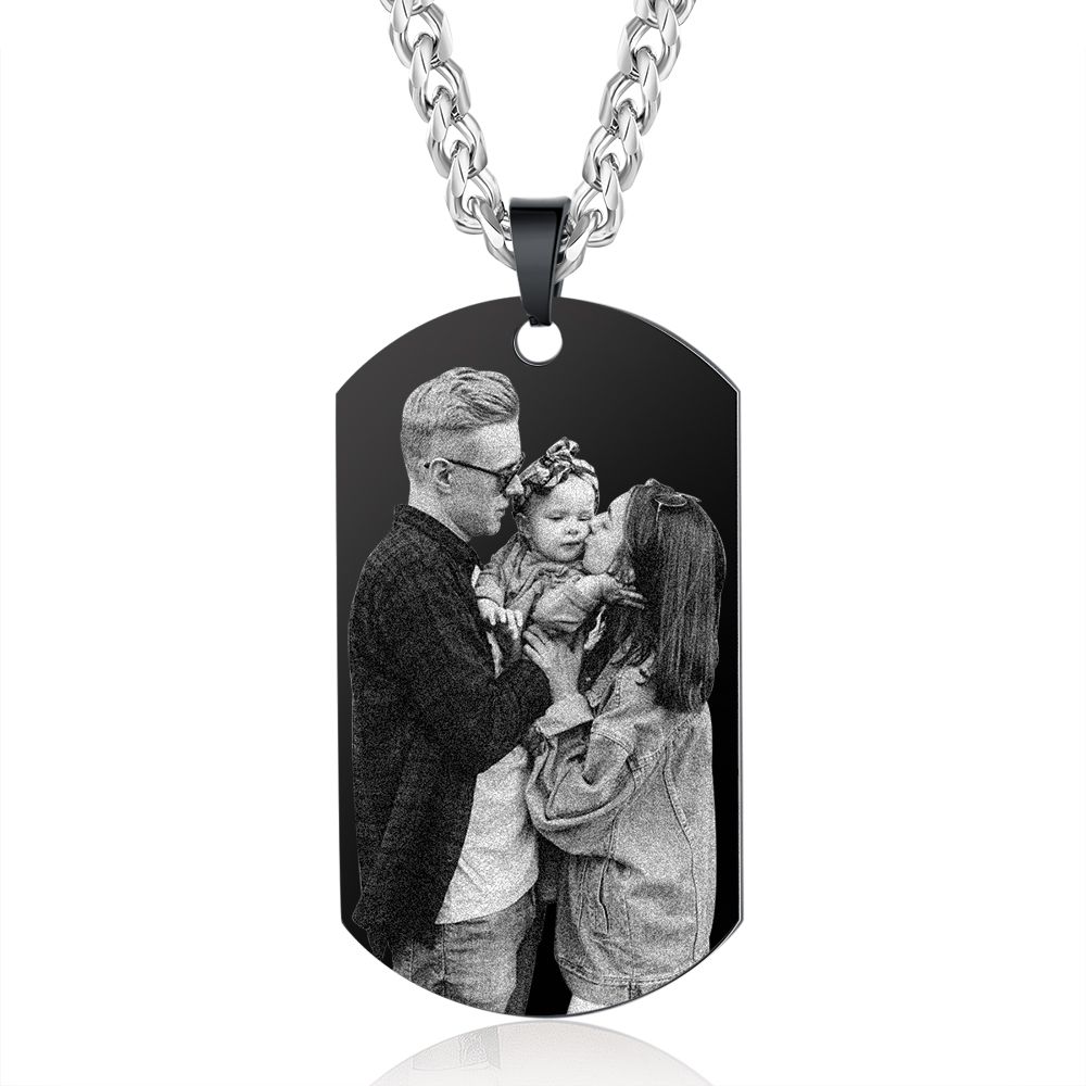 Personalised Black Dog Tag Necklace For Men With Calendar | Customised Photo Necklaces For Men