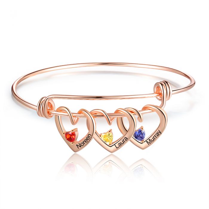 Personalised Birthstone Bracelet For Mum | Customised Up To 3 Engraved Hearts Birthstones Bracelet For Women