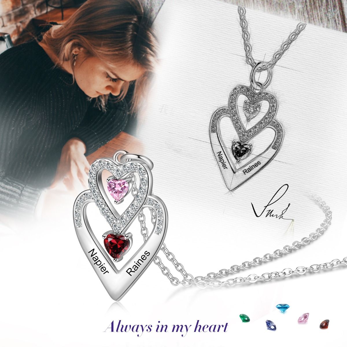 Personalised Necklace With Engraved Names And Birthstones | Bespoke Gift Of Her