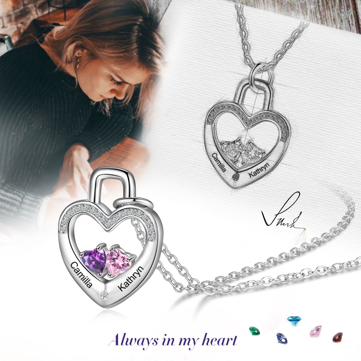 Heart Lock Personalised Necklace With Engraved Names And Birthstones | Bespoke Necklae For Woman