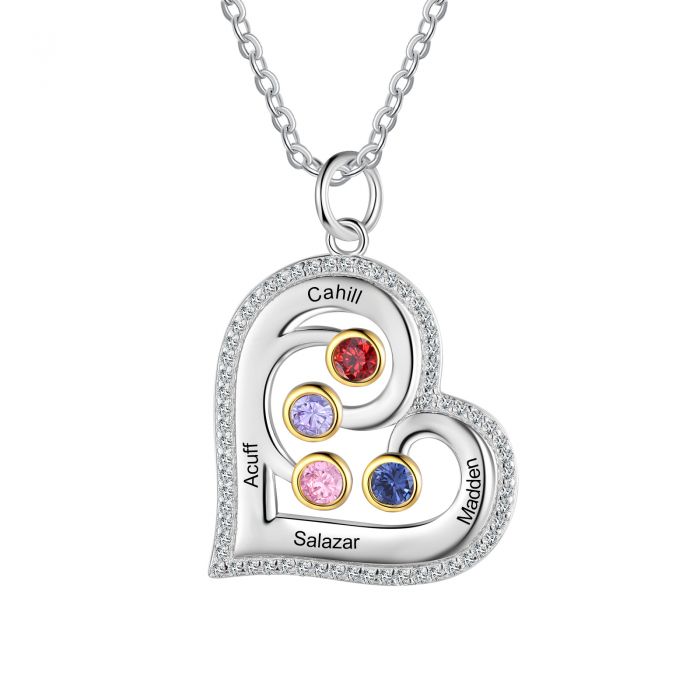 Heat Shape Bespoke Necklace With Up To 4 Birthstones And Engraved Names | Personalised Necklace For Women