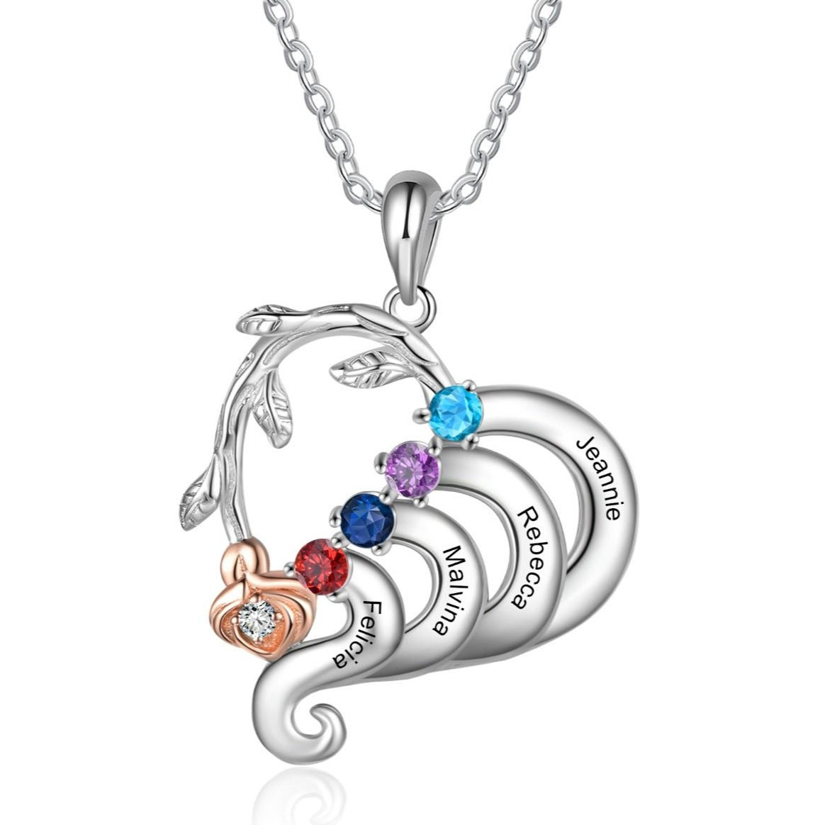 Personalised Rose Necklace With Up To 4 Birthstones | Bespoke Engraved Names Necklace With Birthstones