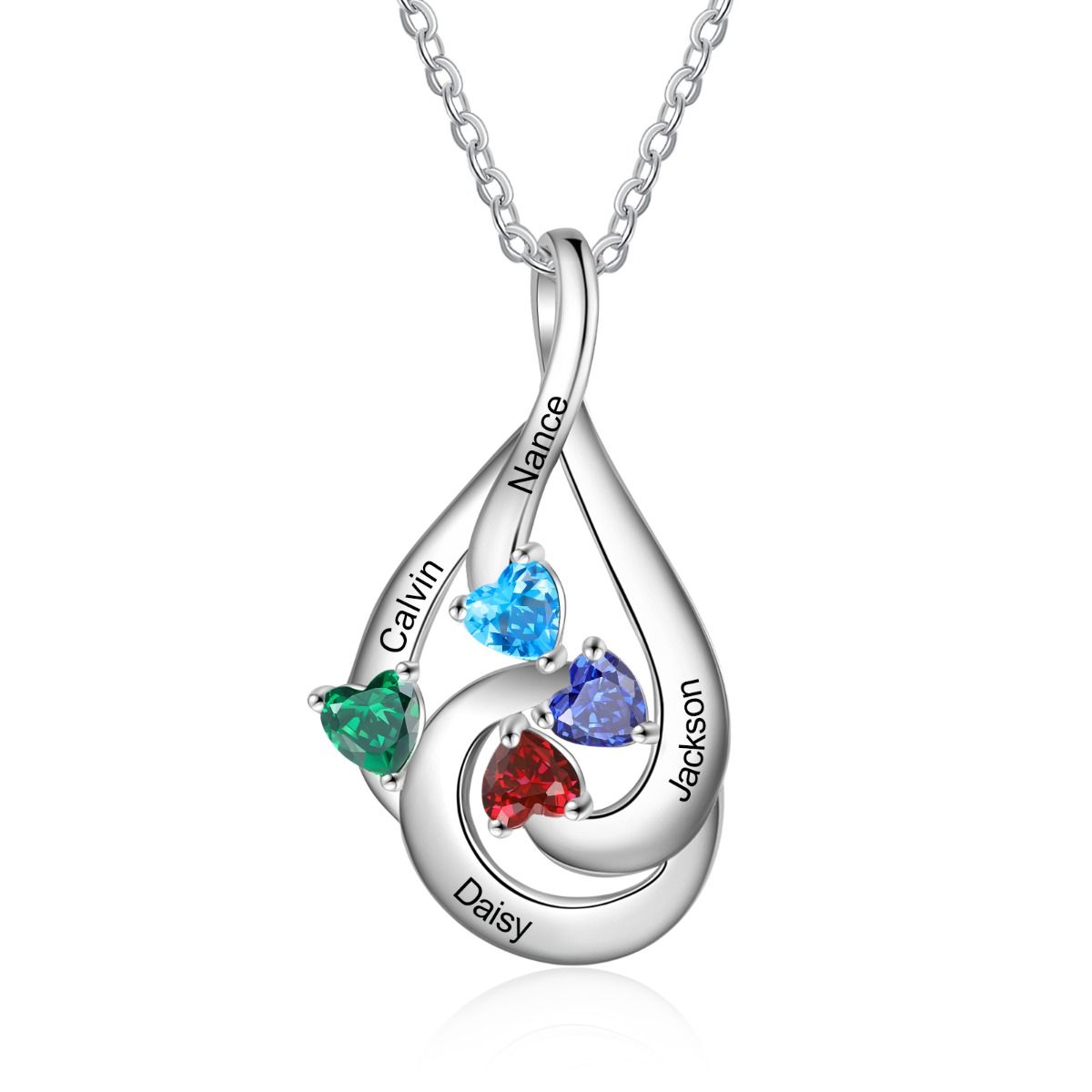 Customised Drop Shape Necklace With 2-4 Birthstones | Bespoke Engraved Names Necklace With Birthstones