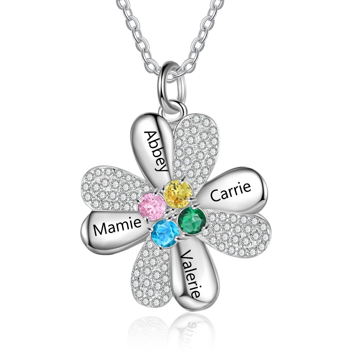 Personalised Clover Necklace With Up tp 4 Birthstones And Names Engraved | Bespoke Necklace For Her