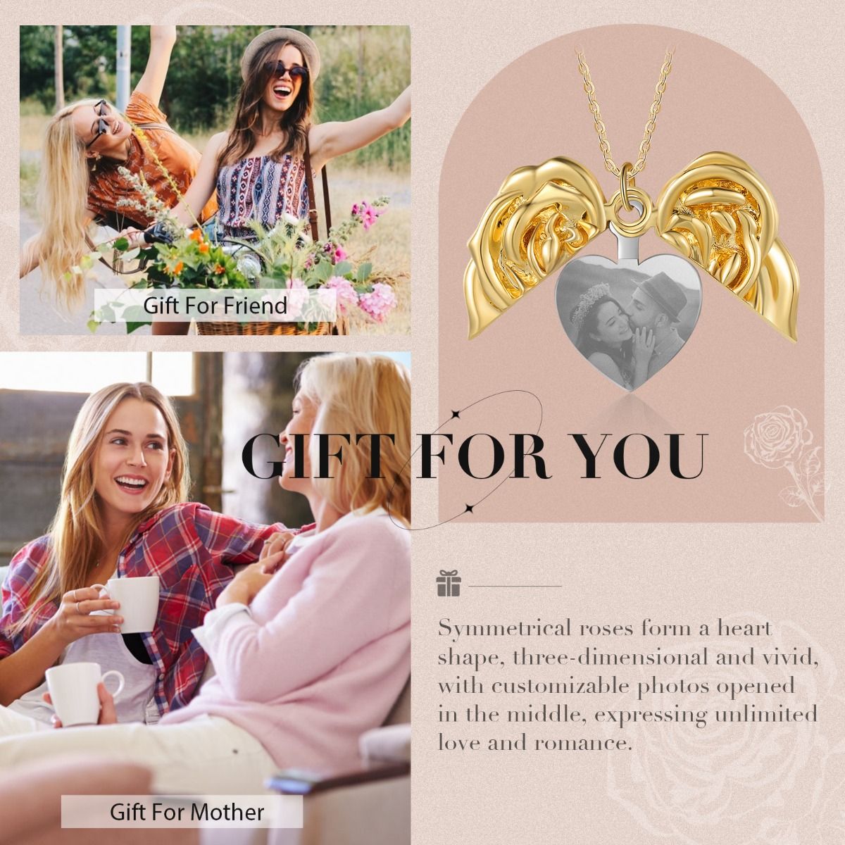 Personalised Yellow Golf Plated Rose Heart Photo Necklace | Bespoke Gift For Mum