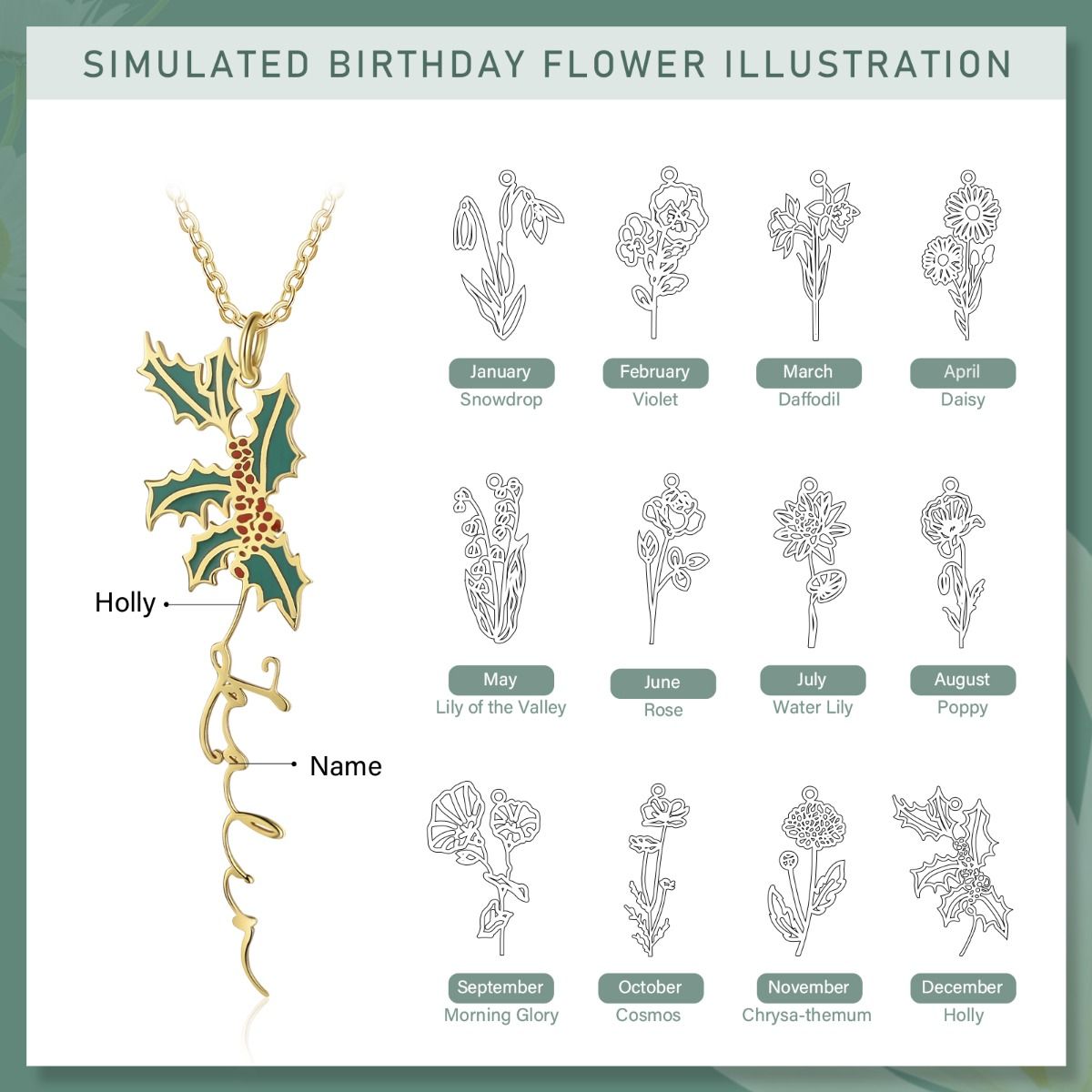 Customised Birthflower Name Necklace | Bespoke Name Necklace With Birthflower