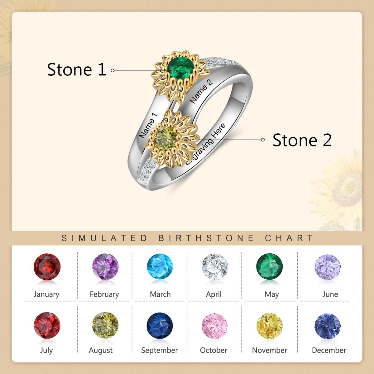 Personalised Sunflower Birthstone Ring | Personalised Ring With Birthstones