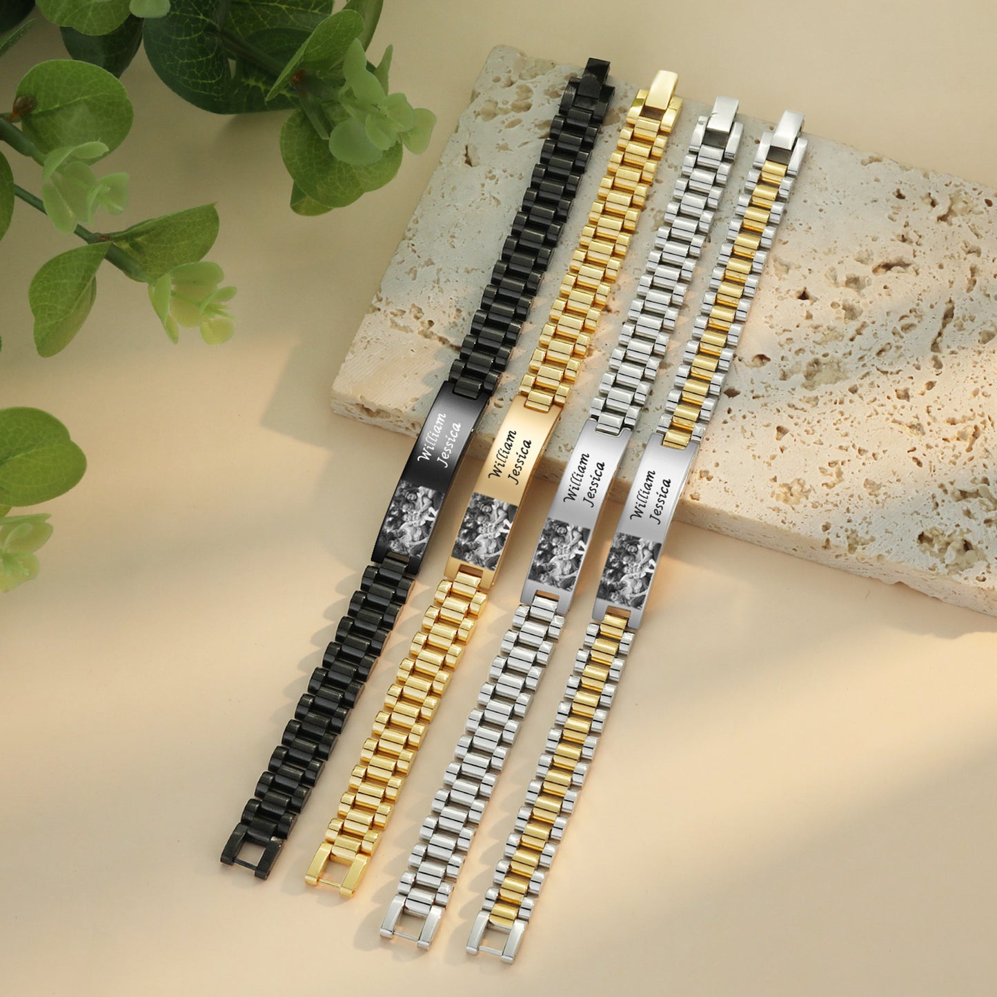 Black bracelet with photo and engraved plate for men