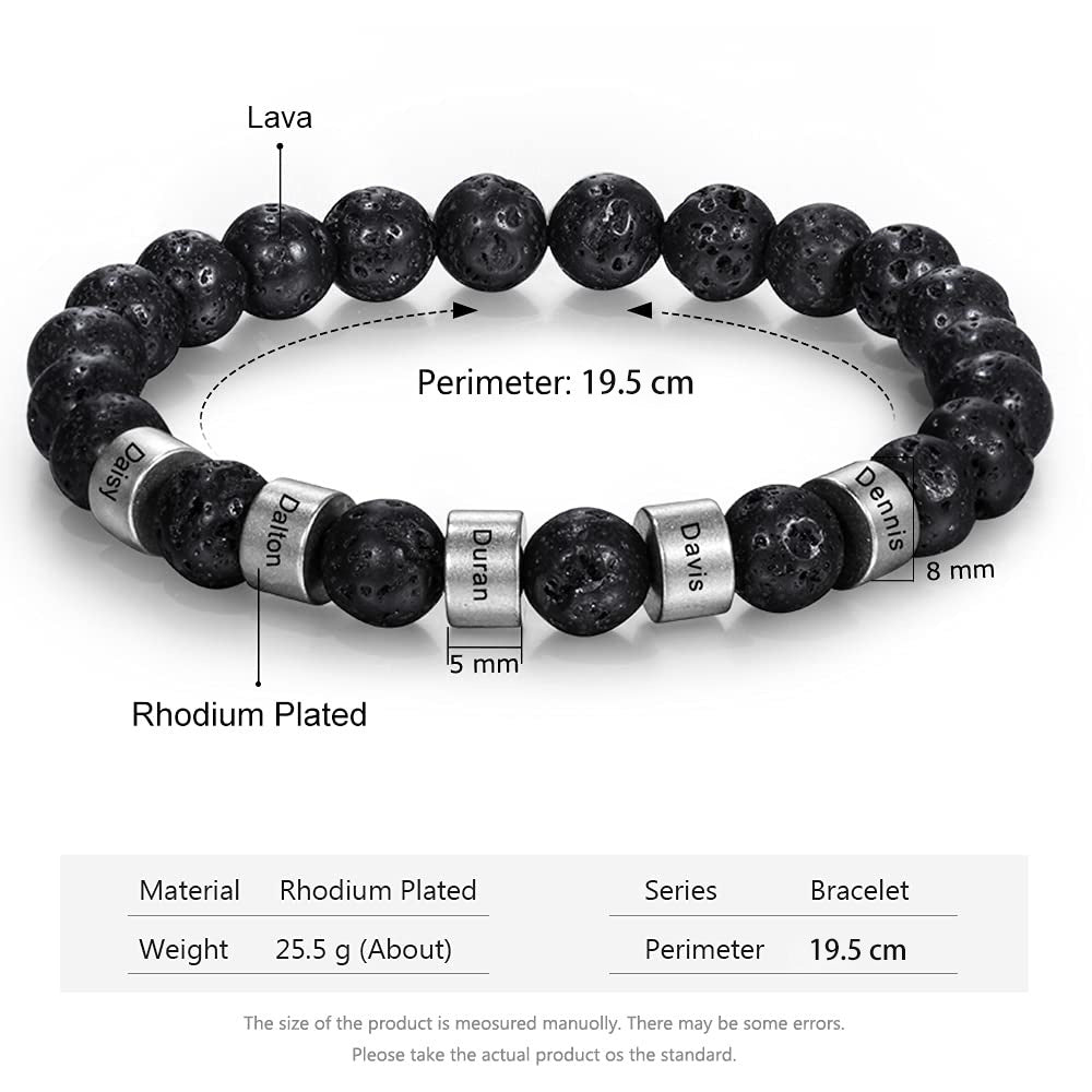 Black lava bead men’s bracelet with engraved name plate