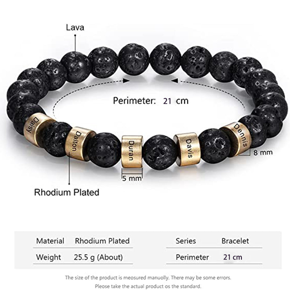 Black lava bead men’s bracelet with engraved name plate