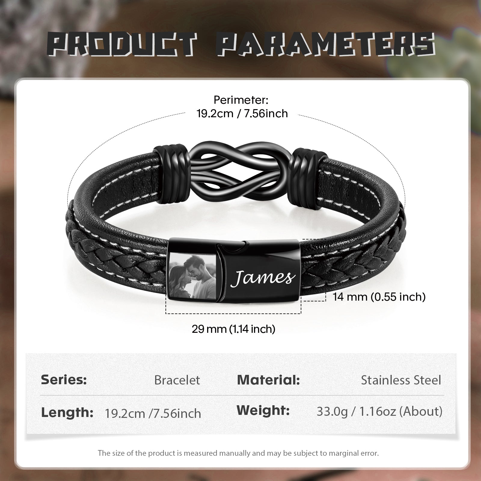 Black leather photo bracelet for men Christmas gift idea
