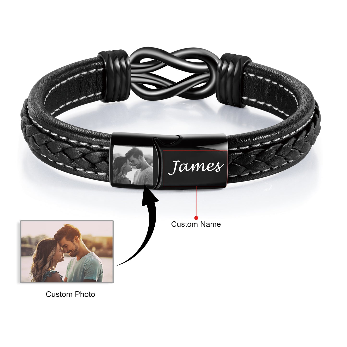 Braided leather bracelet with custom photo plate for dad