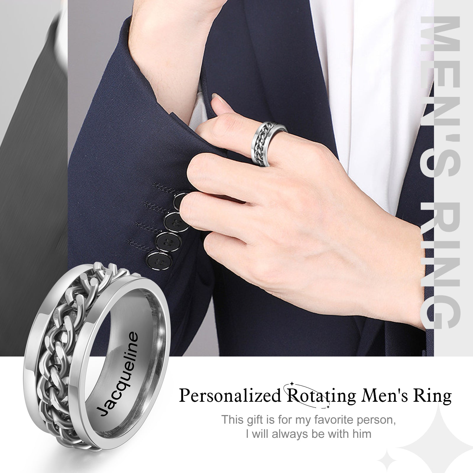 Custom engraved spinner ring with chain design
