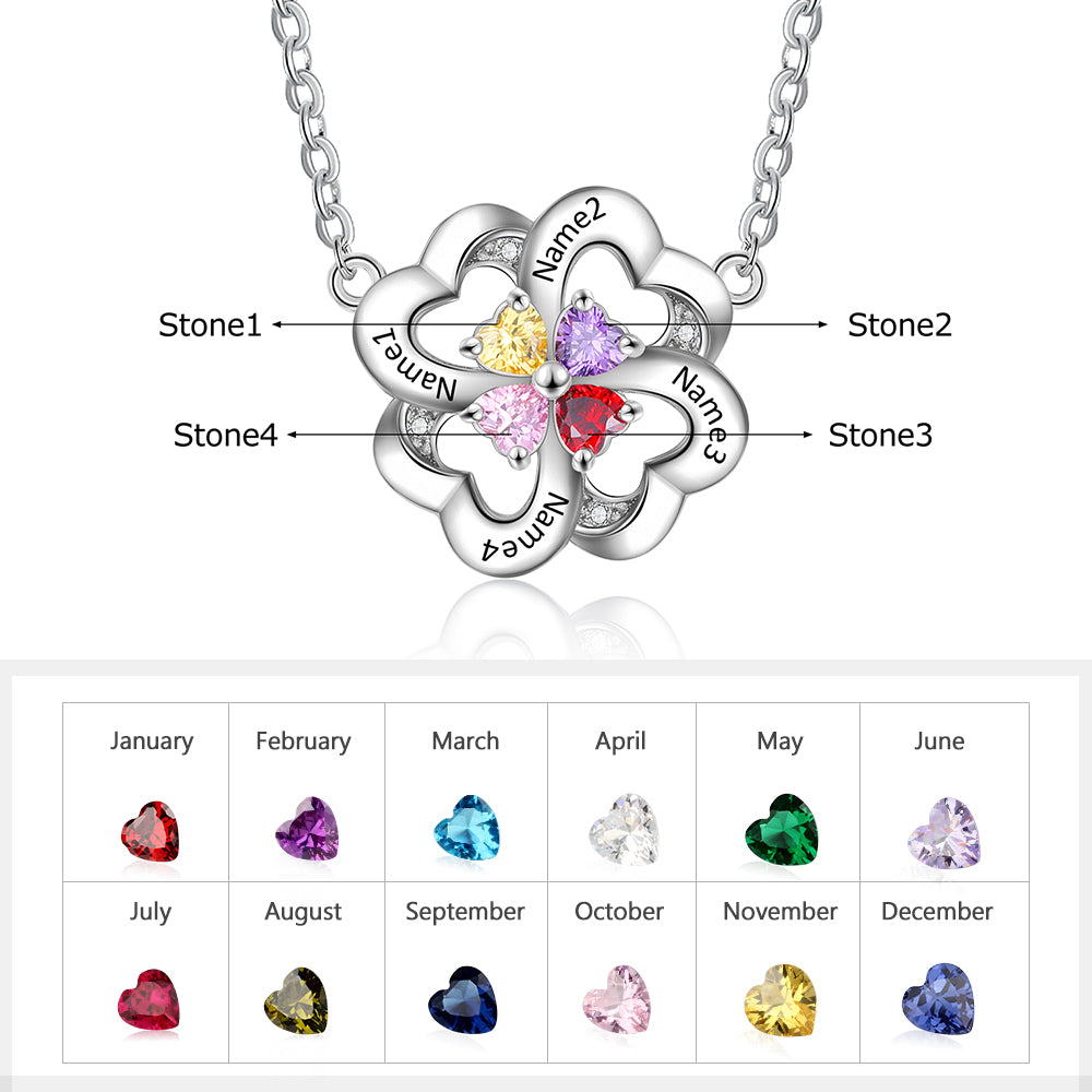 Engraved flower necklace with birthstones for birthday present