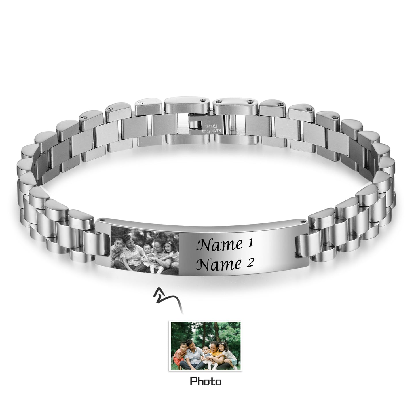 Engraved name plate bracelet with custom photo