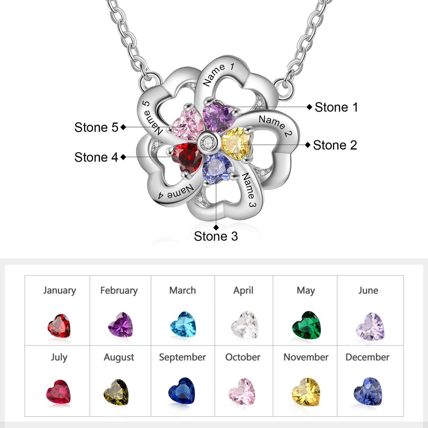 Heart birthstone flower pendant personalised jewellery UK