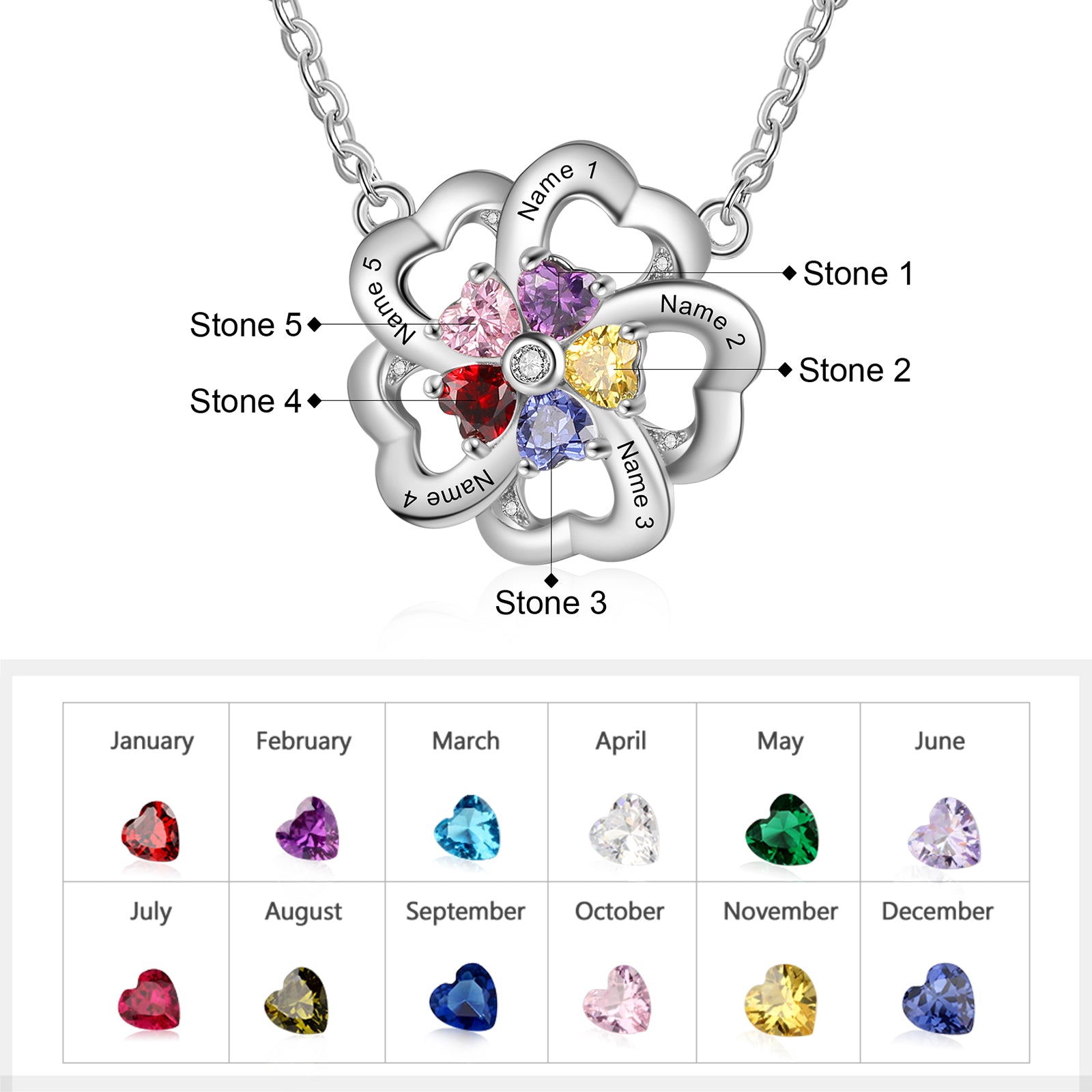 Heart birthstone flower pendant personalised jewellery UK